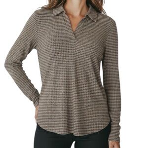 NWT ADRIANNA PAPELL Taupe Printed Collar V-Neck Long-Sleeve Top Size Medium
